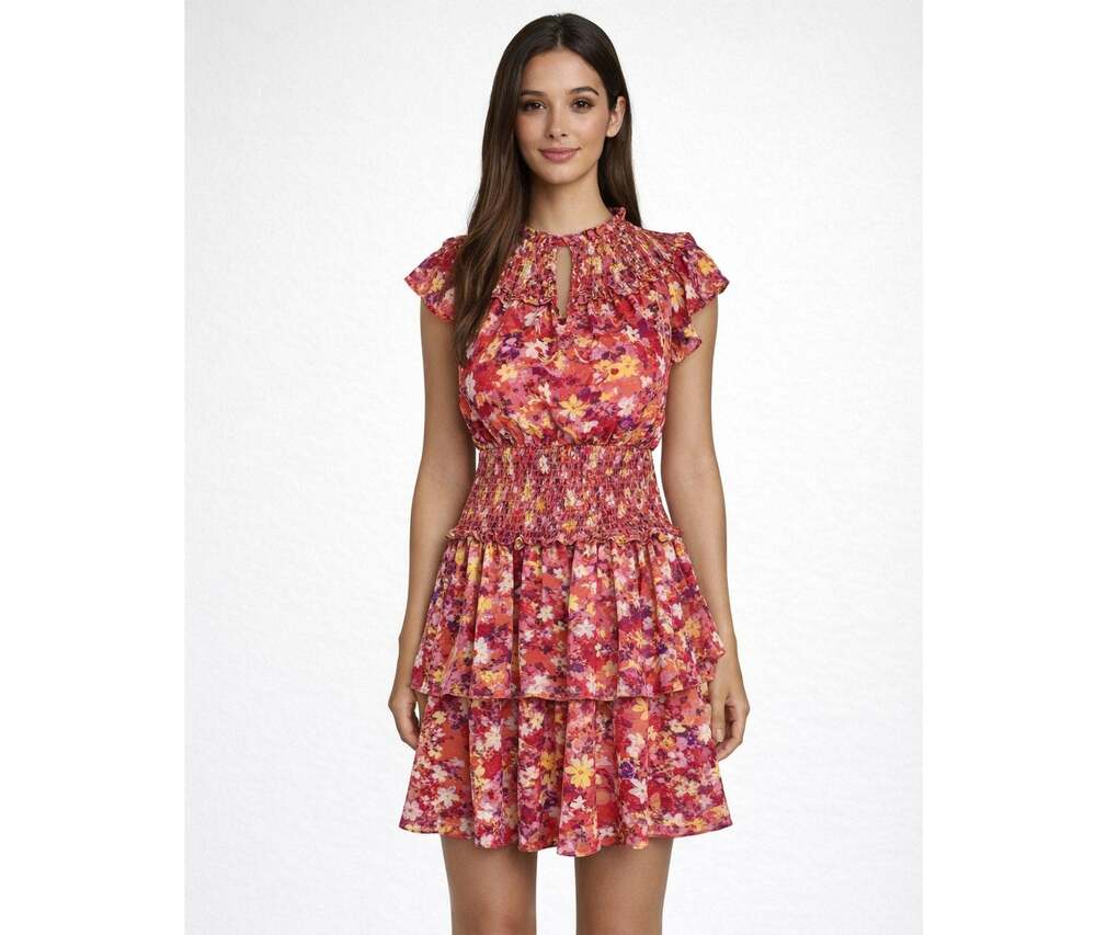 BCBGMAXAZRIA Womens Floral Smocked Tiered Mini Dress Coral Size XS NWT